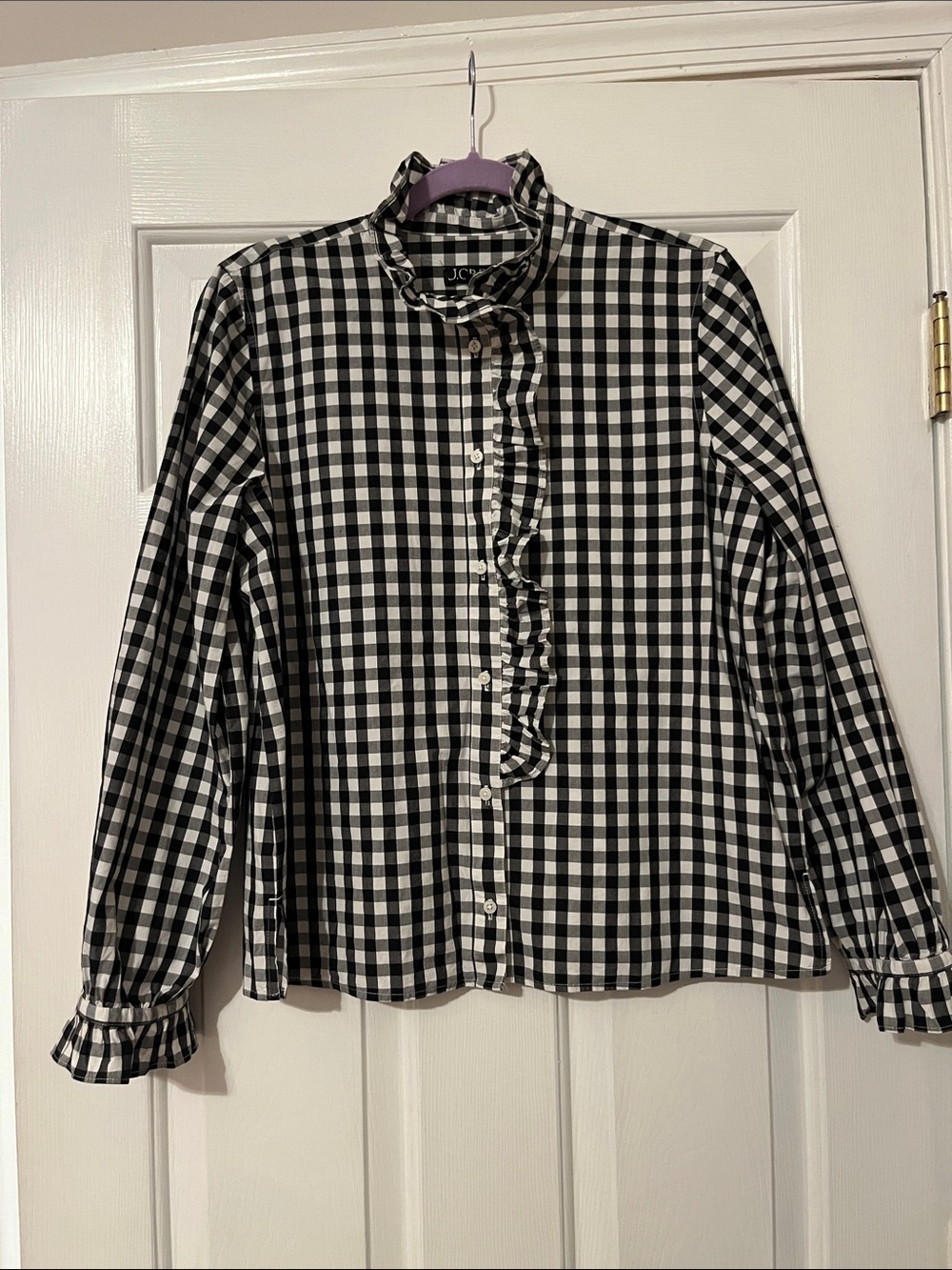 J Crew Factory Ruffle Detail Black and White Gingham Button-Up Shirt